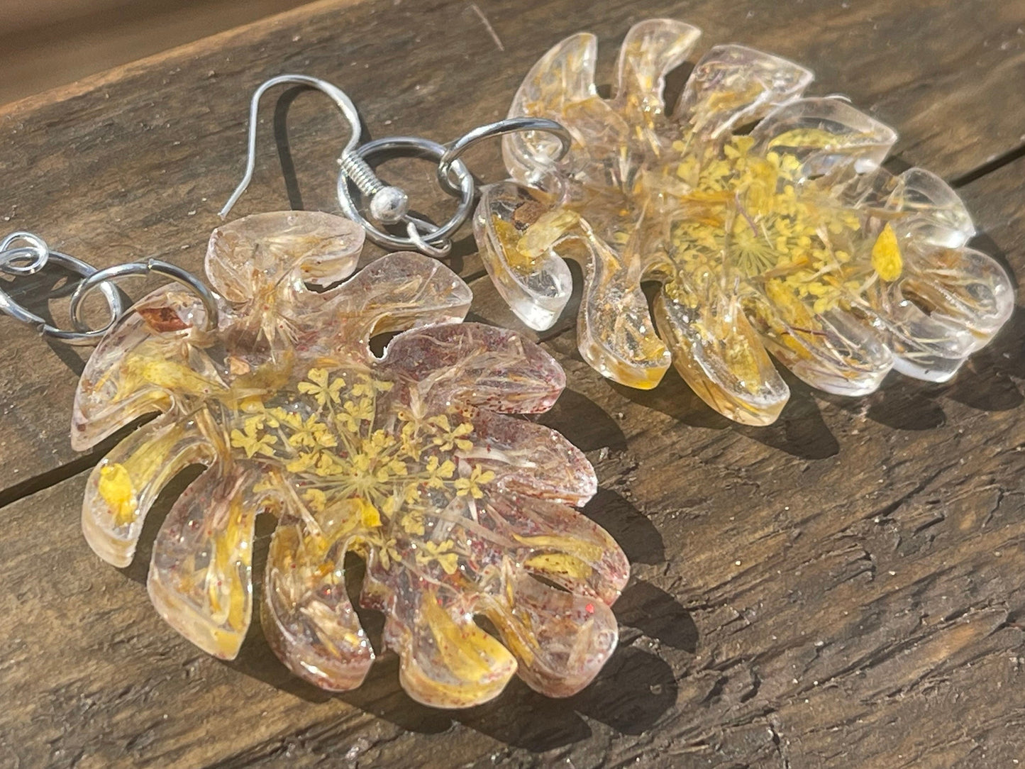 Handmade Daisy earrings. Handmade leaf earrings, large yellow earrings, boho earrings, leaf jewellery, unique statement jewellery.