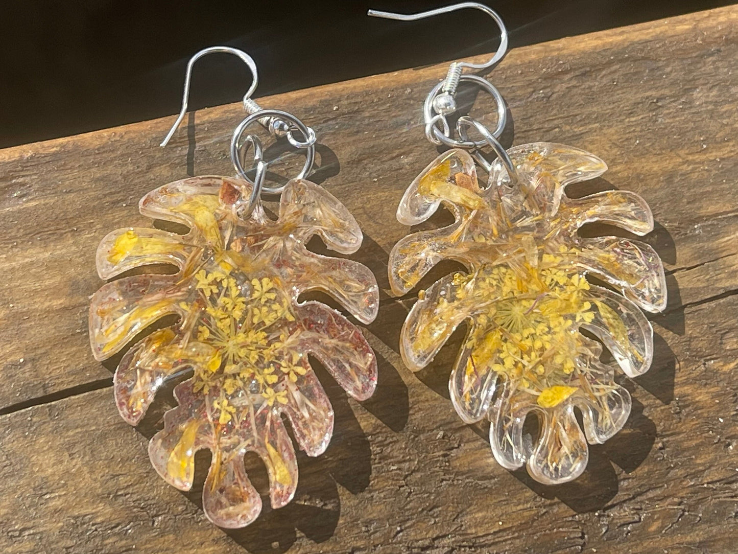 Handmade Daisy earrings. Handmade leaf earrings, large yellow earrings, boho earrings, leaf jewellery, unique statement jewellery.