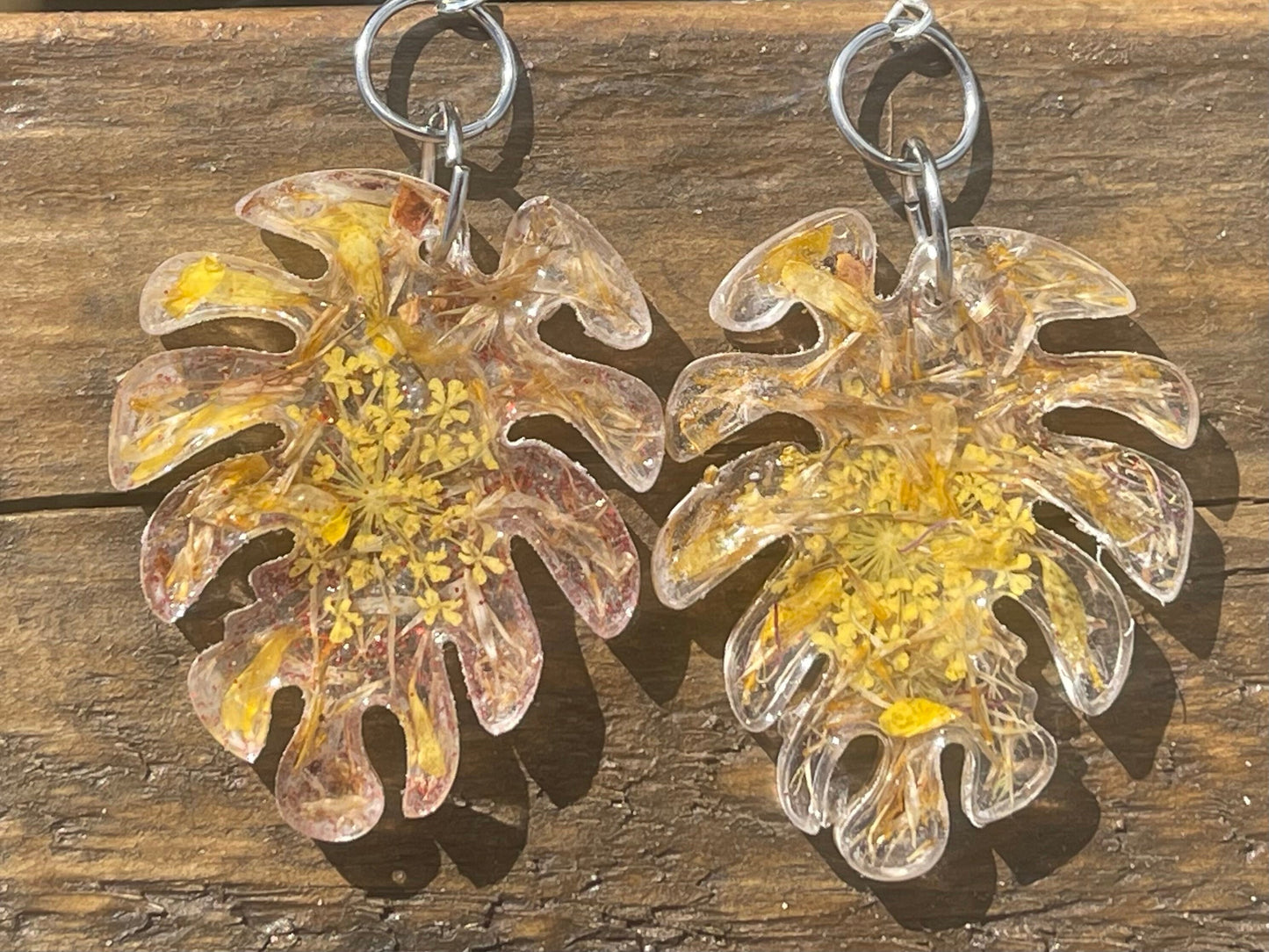 Handmade Daisy earrings. Handmade leaf earrings, large yellow earrings, boho earrings, leaf jewellery, unique statement jewellery.