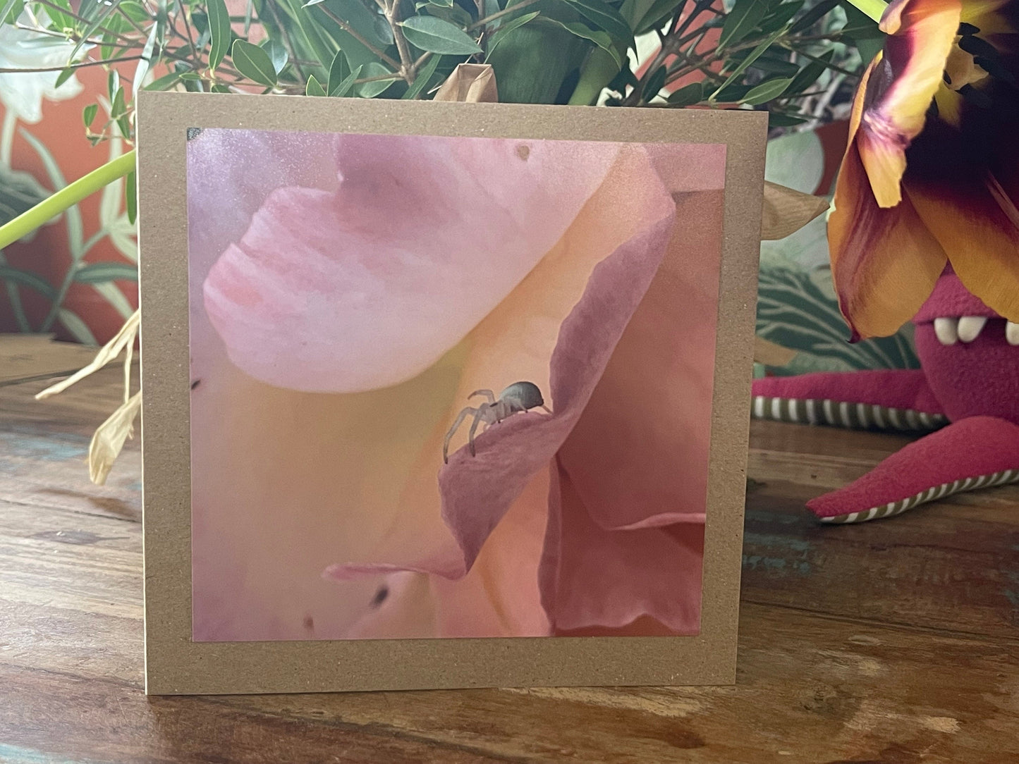 recycled card, eco friendly card, flower card. Birthday card, handmade card, thank you card, pink card, boho card for gardener, eco cards