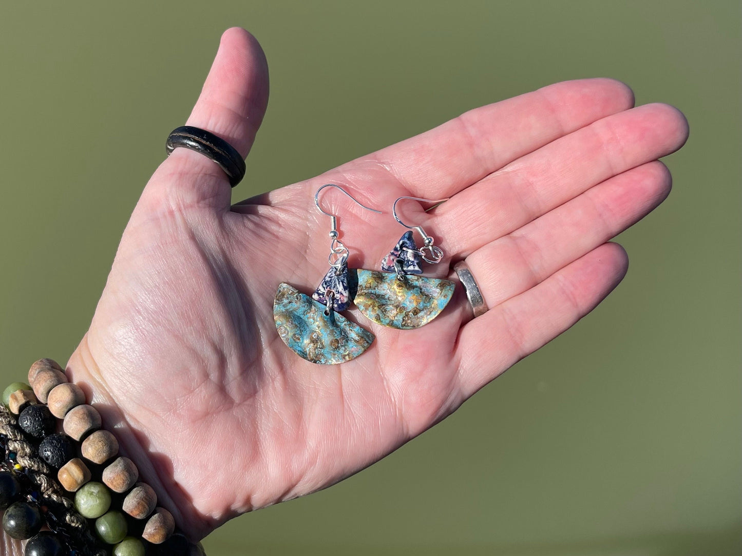 Handmade earrings using Sussex clay. Unique jewellery, ceramic earrings, boho jewellery, blue earrings, unique earrings, blue jewellery