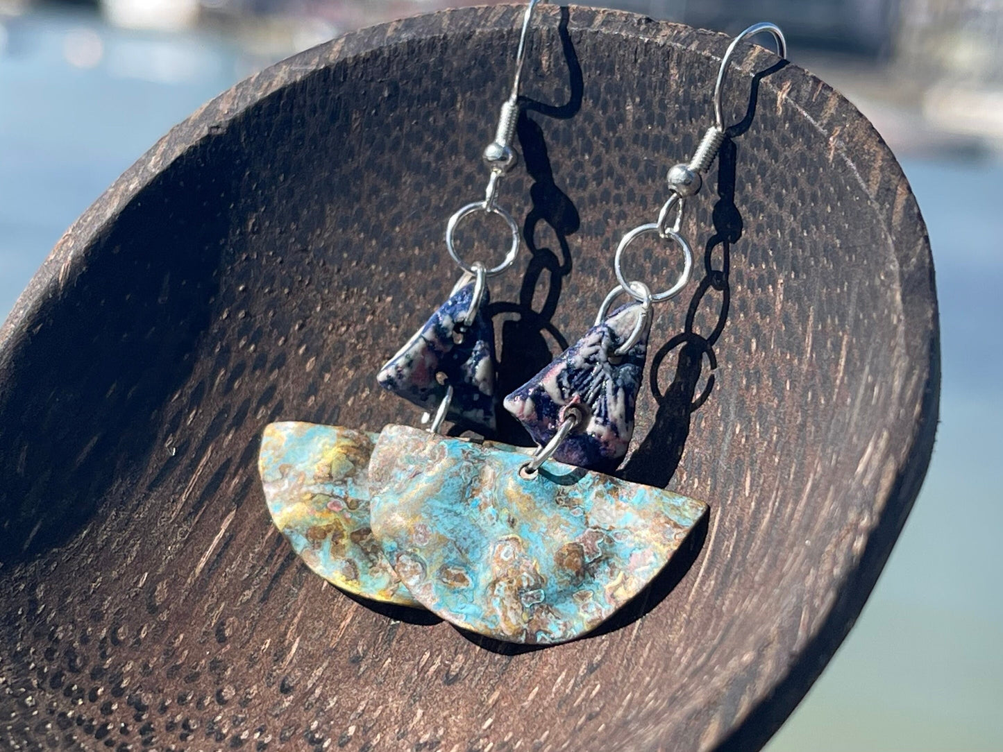 Handmade earrings using Sussex clay. Unique jewellery, ceramic earrings, boho jewellery, blue earrings, unique earrings, blue jewellery