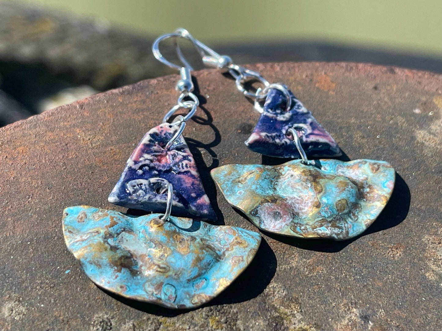 Handmade earrings using Sussex clay. Unique jewellery, ceramic earrings, boho jewellery, blue earrings, unique earrings, blue jewellery