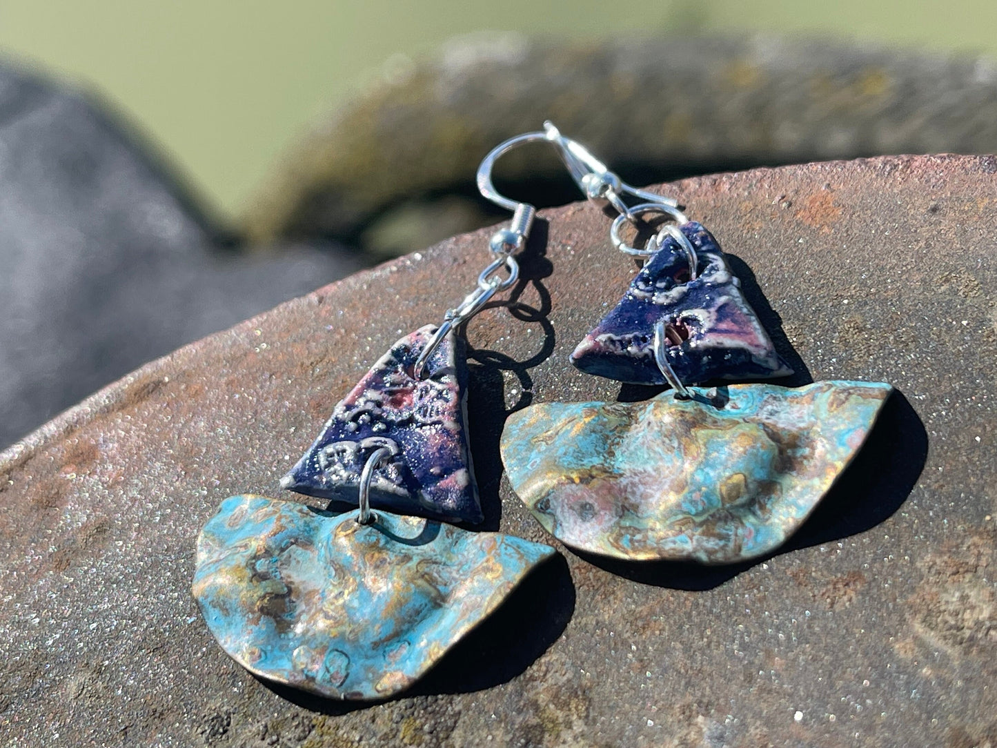 Handmade earrings using Sussex clay. Unique jewellery, ceramic earrings, boho jewellery, blue earrings, unique earrings, blue jewellery