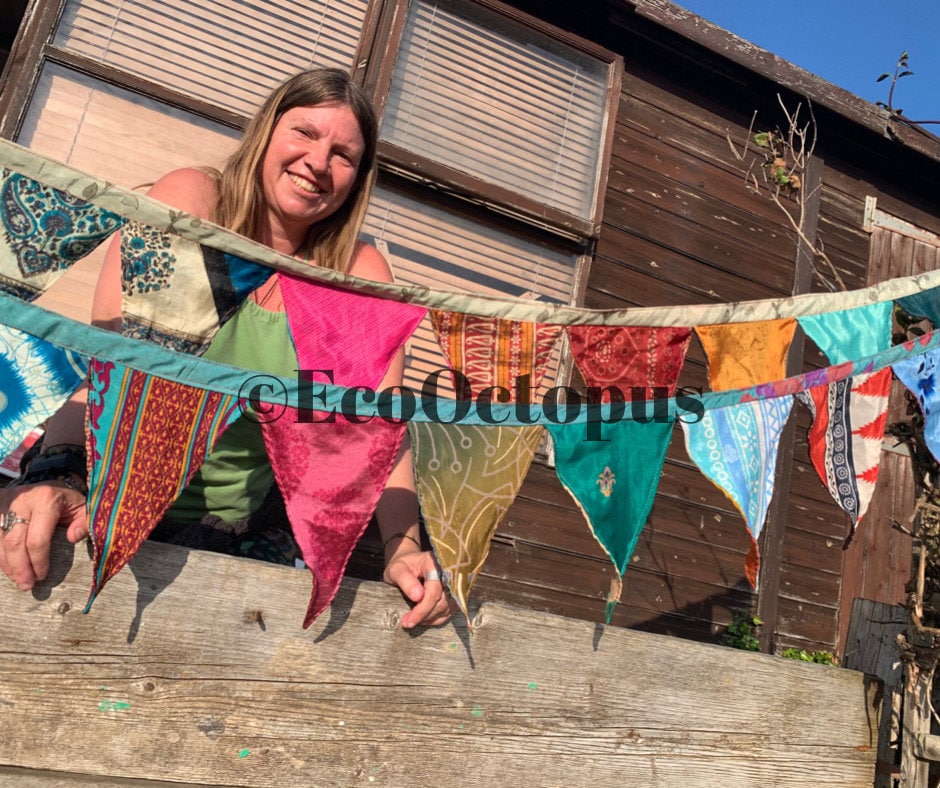 SALE pieces of recycled bunting made from sari off cuts.