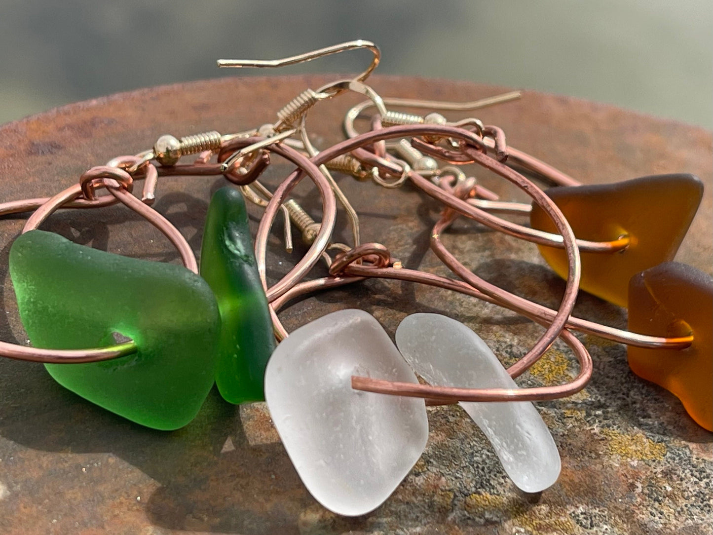 Recycled earrings. Handmade earrings, unique sea glass earrings. Eco friendly gift for her. Sea glass hoop earrings, sea glass jewellery