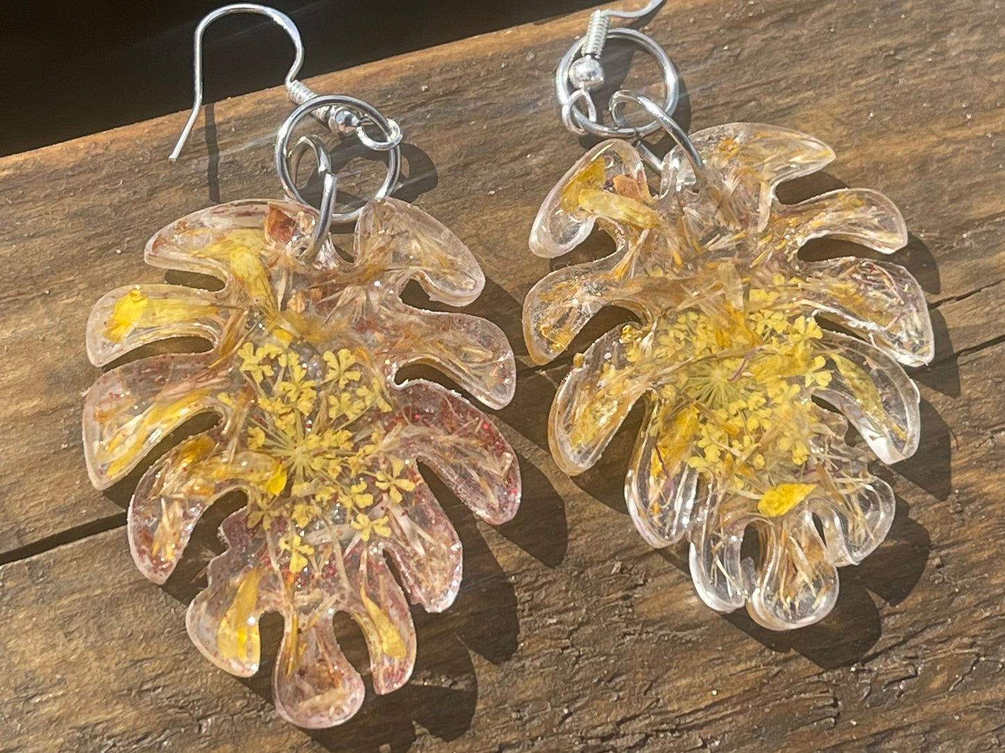 Handmade Daisy earrings. Handmade leaf earrings, large yellow earrings, boho earrings, leaf jewellery, unique statement jewellery.