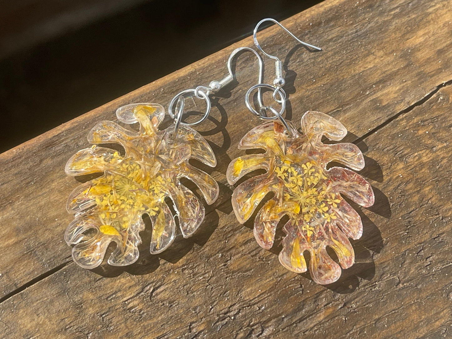 Handmade Daisy earrings. Handmade leaf earrings, large yellow earrings, boho earrings, leaf jewellery, unique statement jewellery.