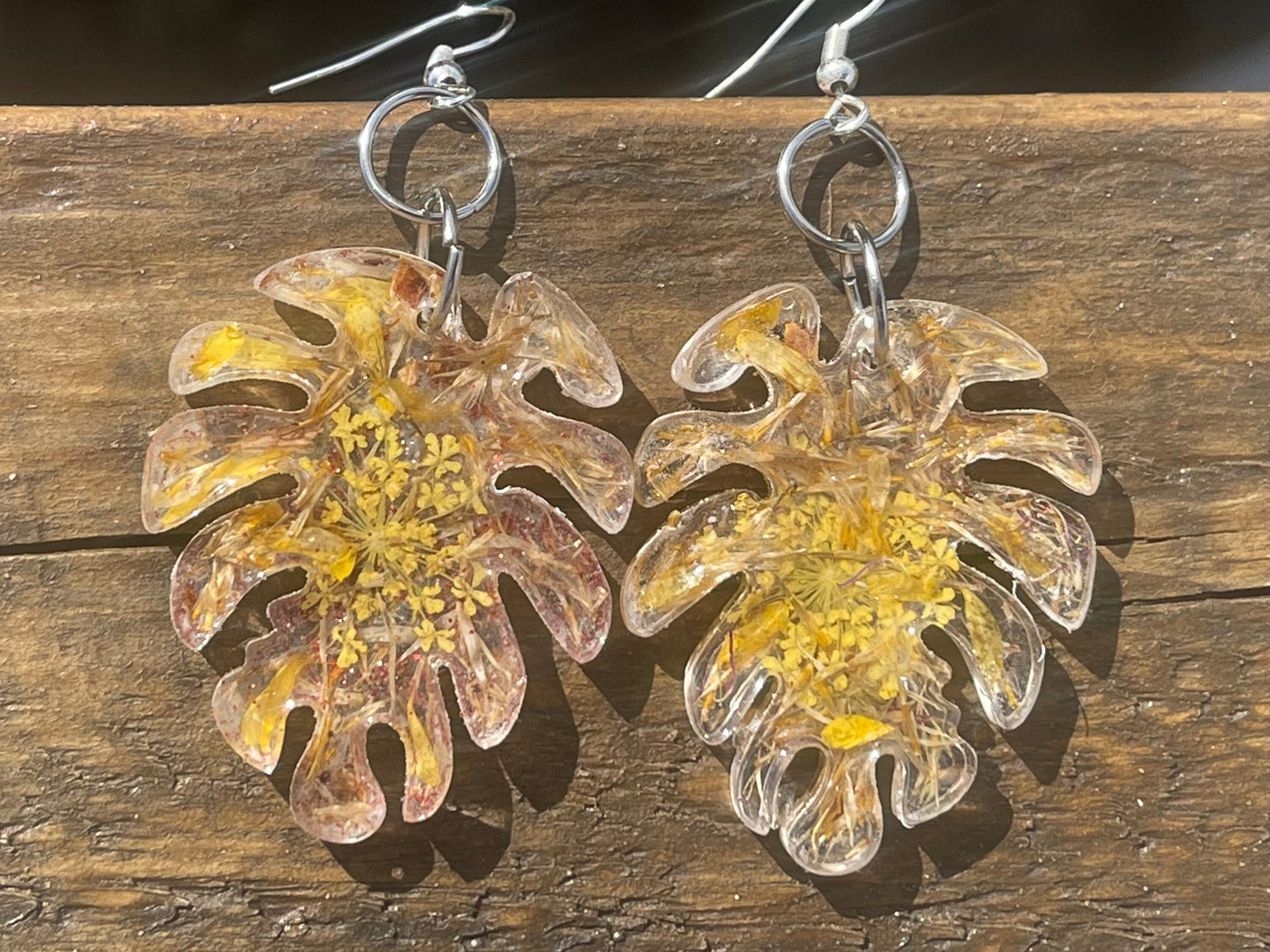 Handmade Daisy earrings. Handmade leaf earrings, large yellow earrings, boho earrings, leaf jewellery, unique statement jewellery.