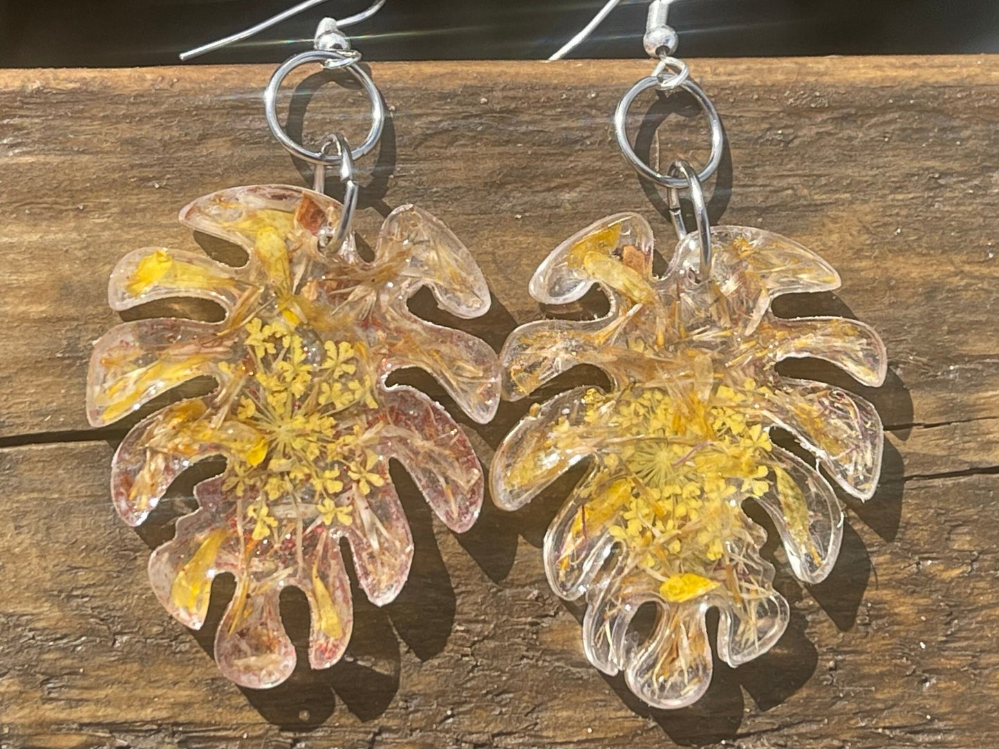 Handmade Daisy earrings. Handmade leaf earrings, large yellow earrings, boho earrings, leaf jewellery, unique statement jewellery.