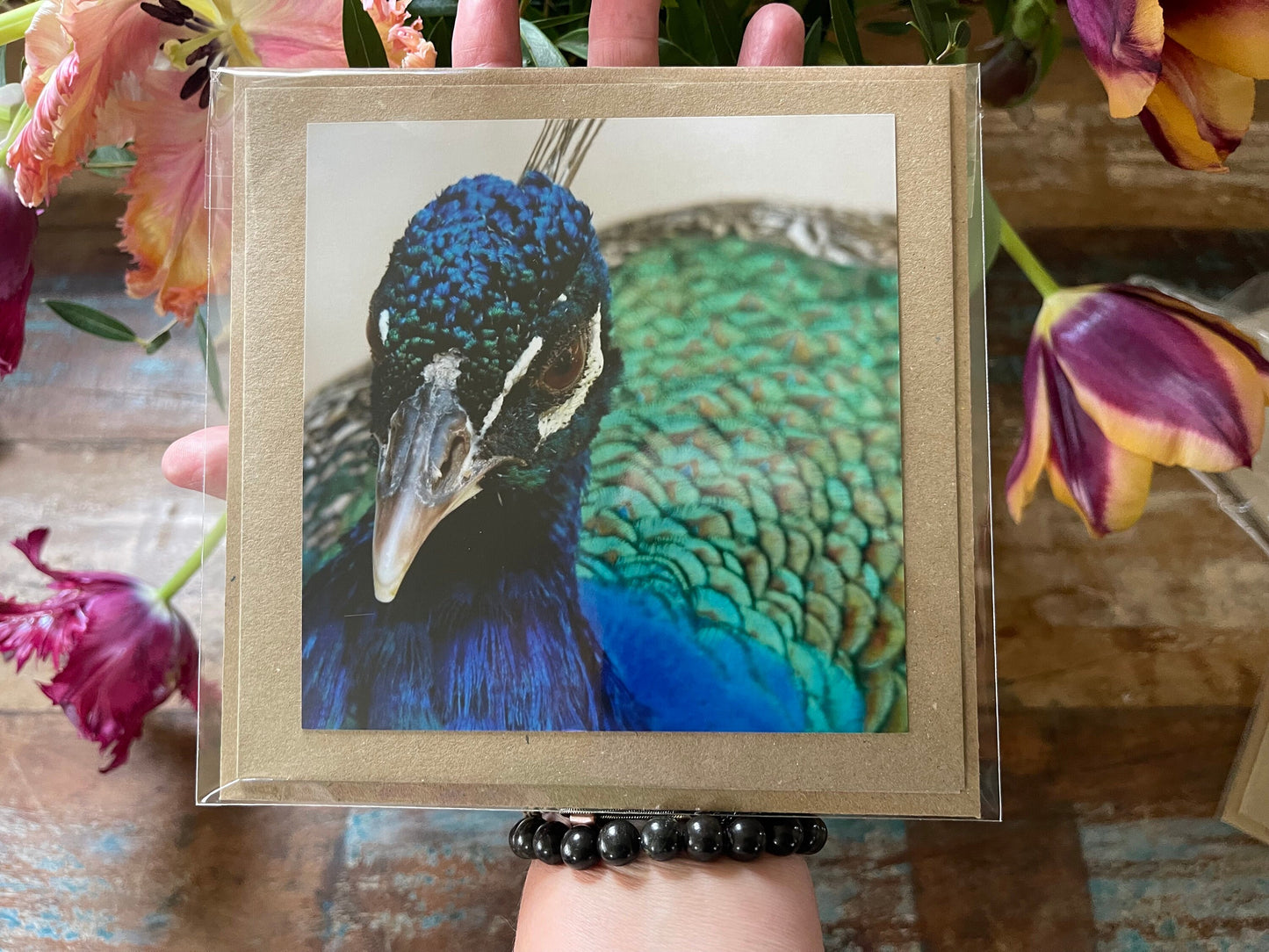 Peacock card, recycled card, birthday card, recycled card. Eco friendly card. Handmade card. Unusual thank you card, bird card, nature cards