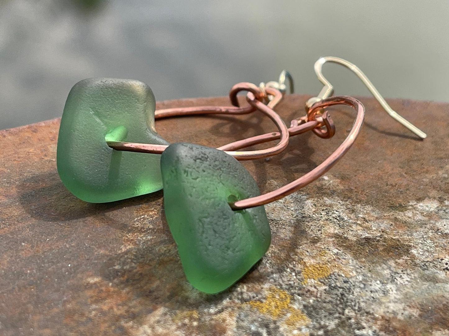 Recycled earrings. Handmade earrings, unique sea glass earrings. Eco friendly gift for her. Sea glass hoop earrings, sea glass jewellery