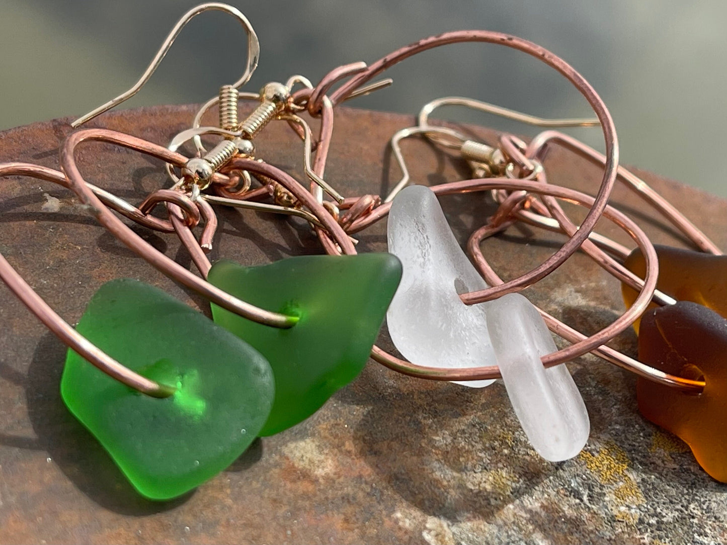 Recycled earrings. Handmade earrings, unique sea glass earrings. Eco friendly gift for her. Sea glass hoop earrings, sea glass jewellery