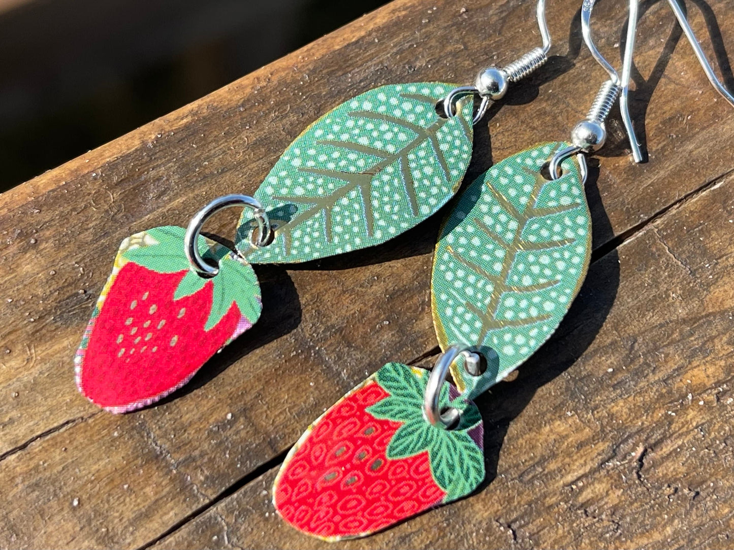 Strawberry earrings, tin can jewellery, fun jewellery, unique earrings, eco friendly jewellery, ethical gift ideas, ethical jewellery.