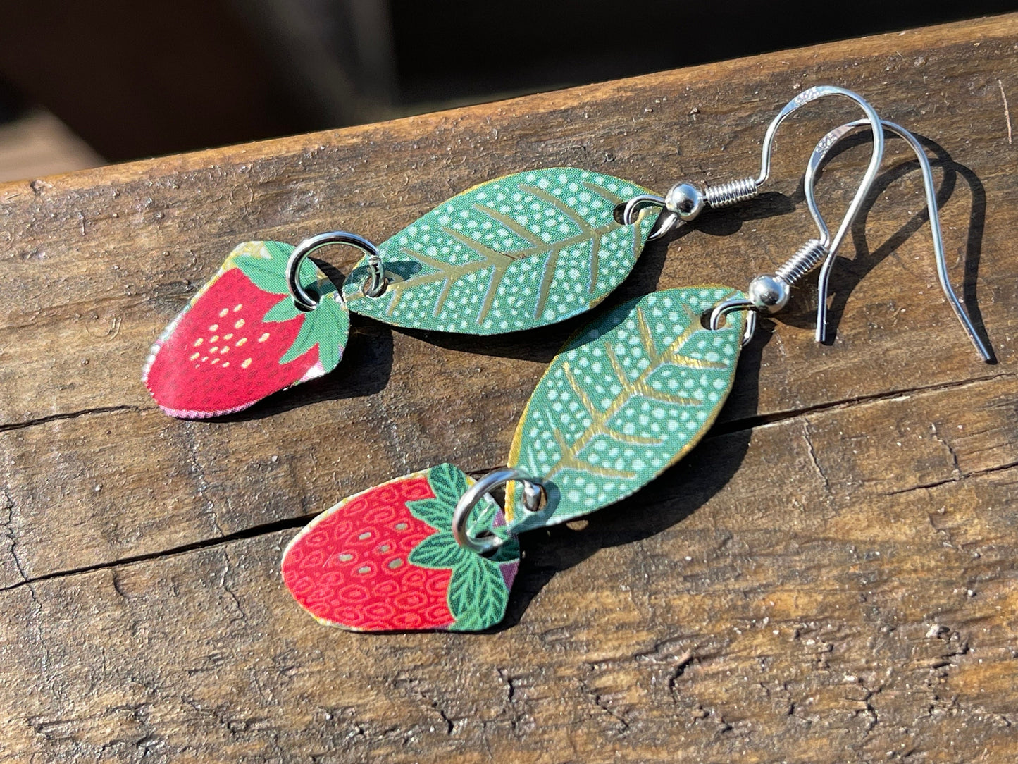 Strawberry earrings, tin can jewellery, fun jewellery, unique earrings, eco friendly jewellery, ethical gift ideas, ethical jewellery.