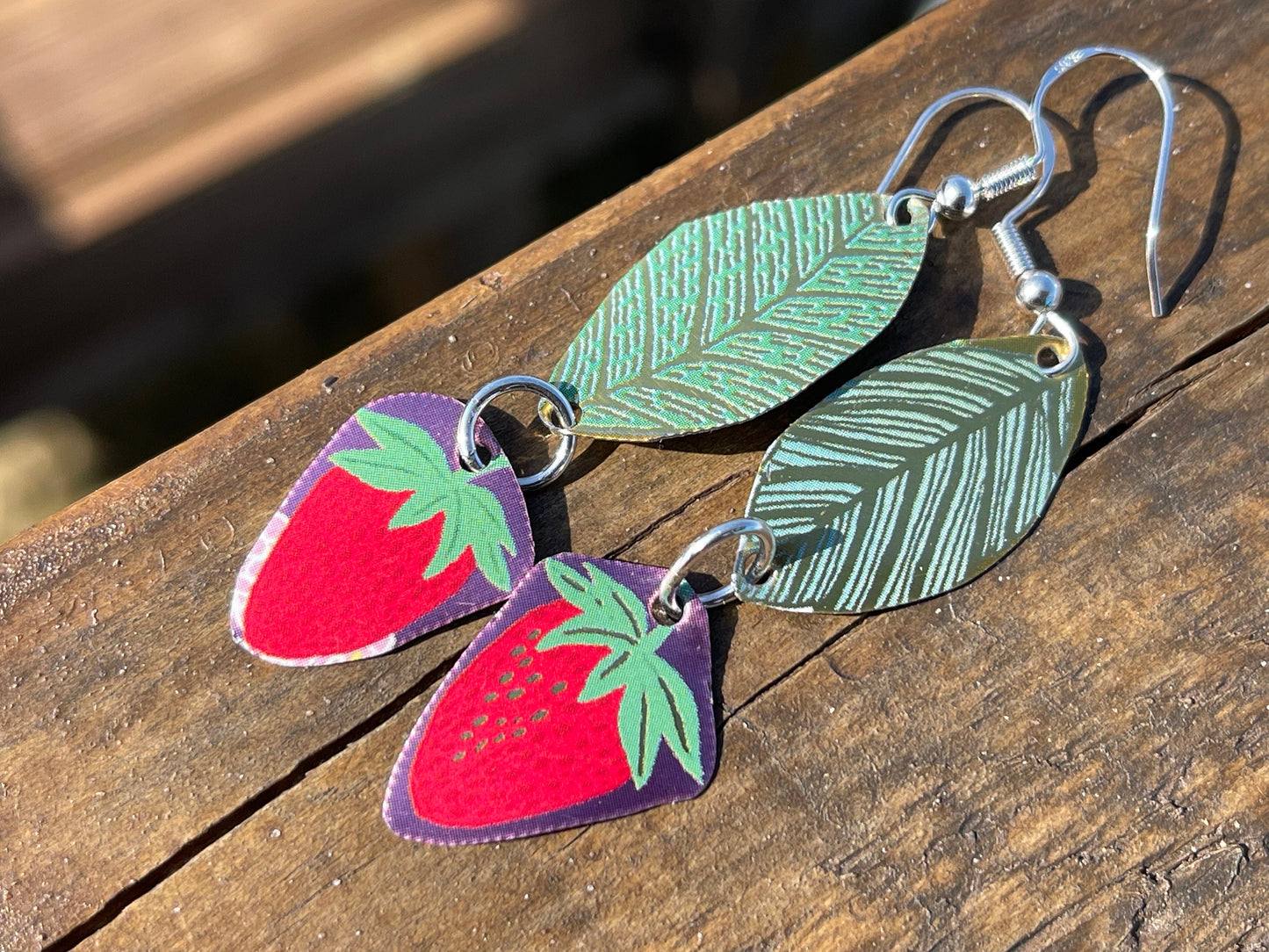 Strawberry earrings, tin can jewellery, fun jewellery, unique earrings, eco friendly jewellery, ethical gift ideas, ethical jewellery.