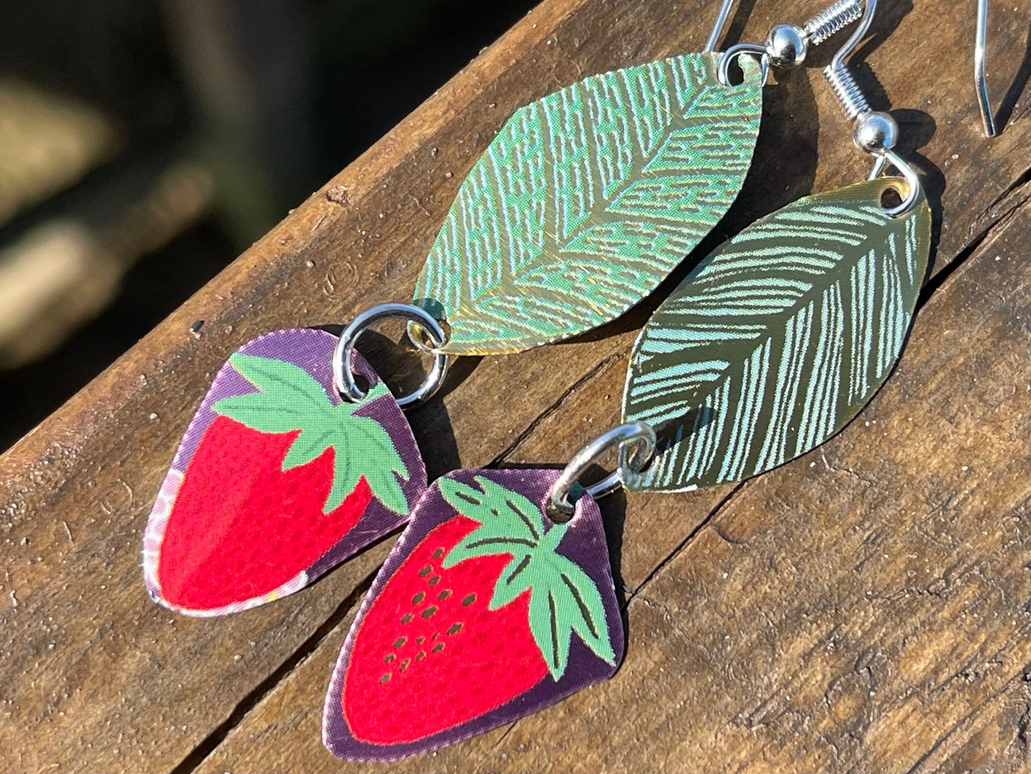 Strawberry earrings, tin can jewellery, fun jewellery, unique earrings, eco friendly jewellery, ethical gift ideas, ethical jewellery.