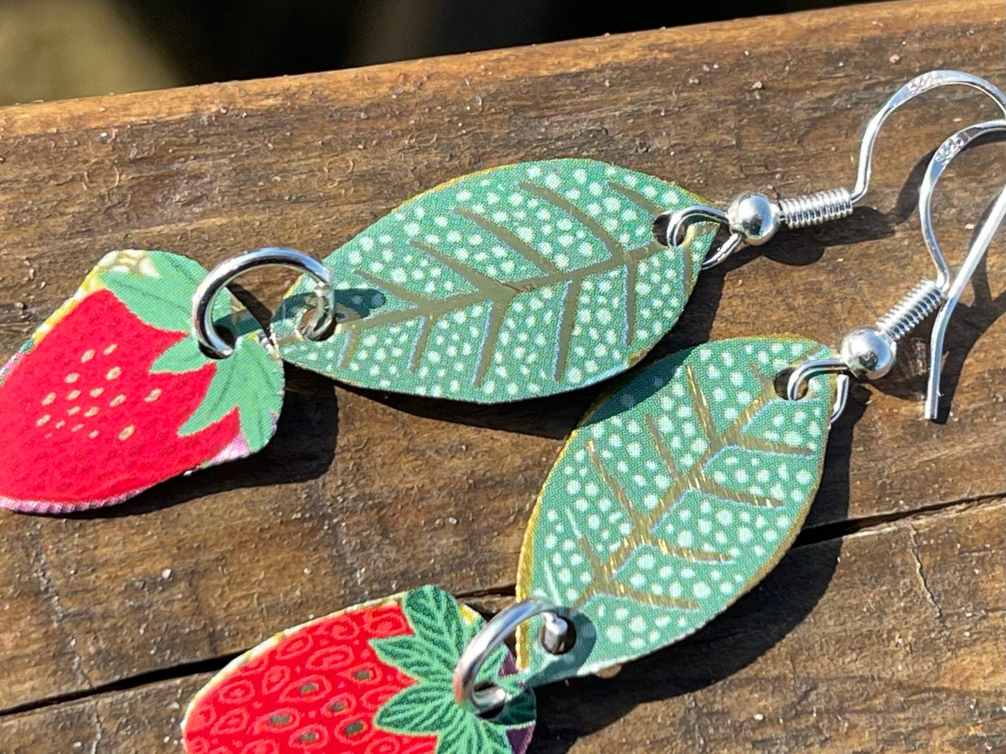 Strawberry earrings, tin can jewellery, fun jewellery, unique earrings, eco friendly jewellery, ethical gift ideas, ethical jewellery.