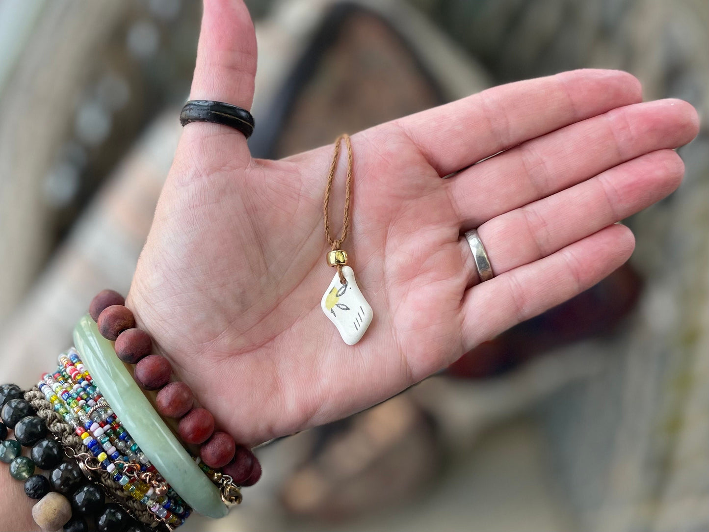 Recycled necklace, sea pottery necklace, eco friendly gift for her. Handmade necklace, ethical jewellery, leaf necklace, green necklace