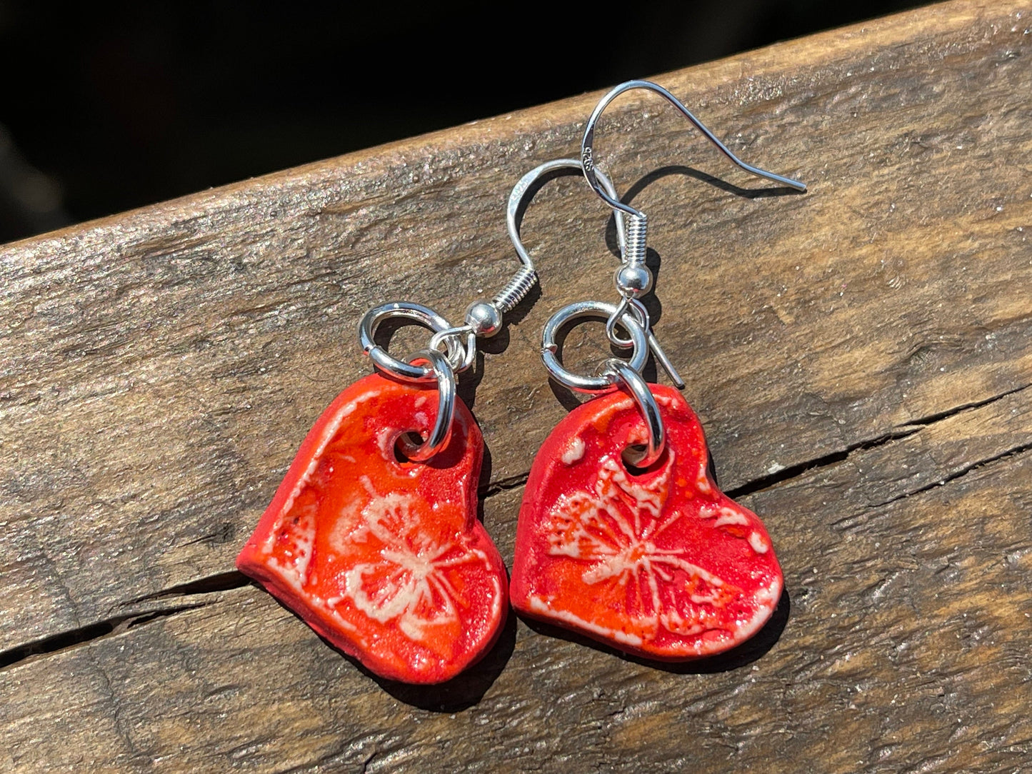 Handmade ceramic heart earrings. Eco friendly earrings, ethical jewellery, valentines present, red heart earrings, boho heart jewellery