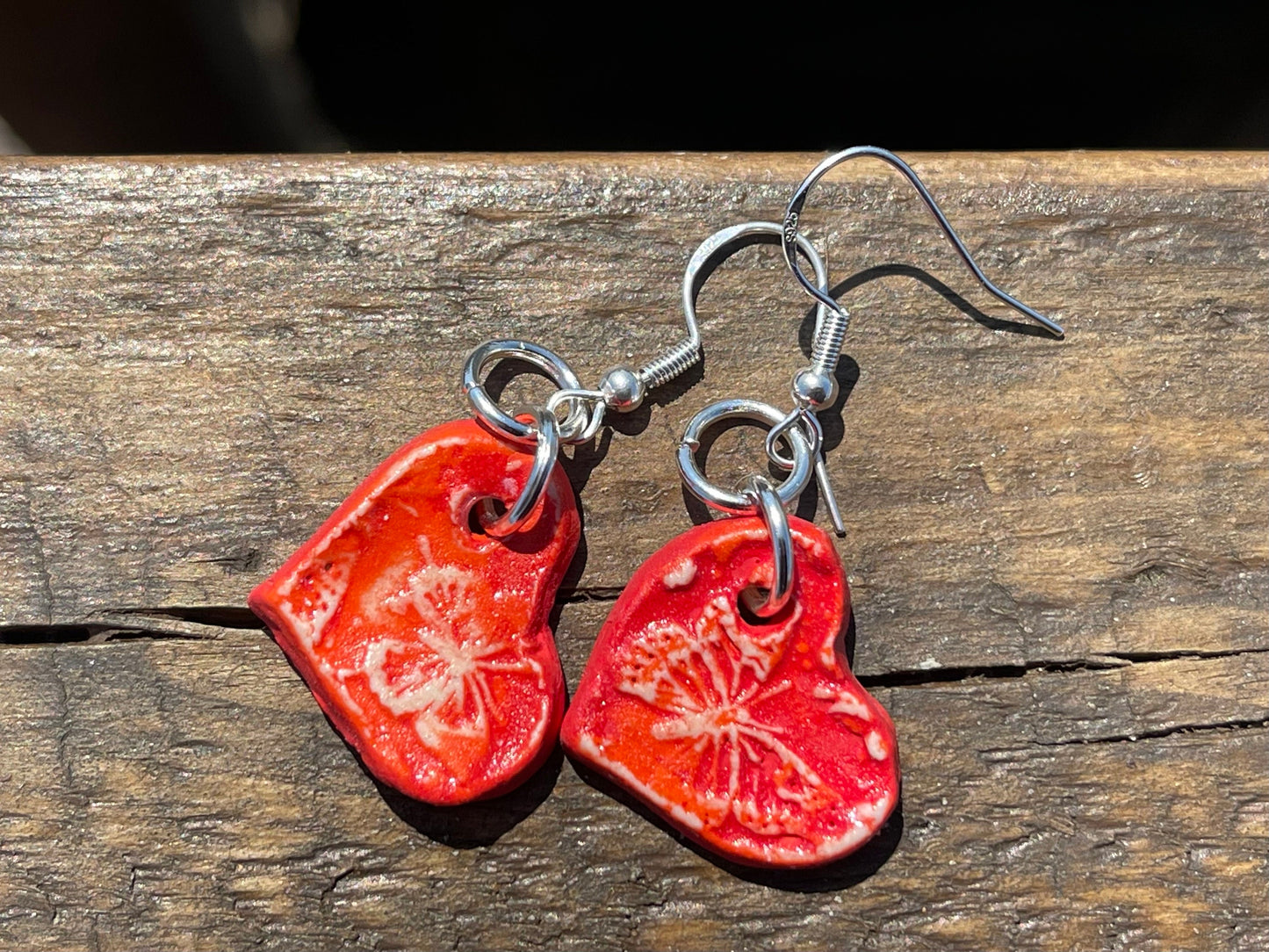 Handmade ceramic heart earrings. Eco friendly earrings, ethical jewellery, valentines present, red heart earrings, boho heart jewellery