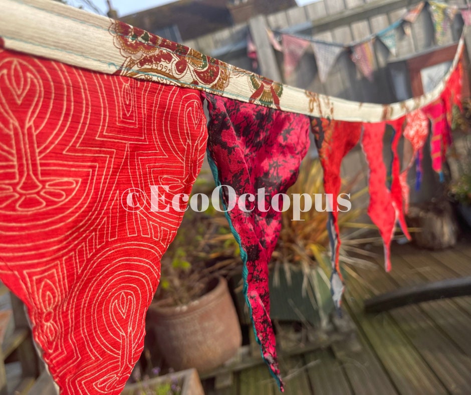 RED bunting. Eco-Friendly sari bunting. Recycled bunting.