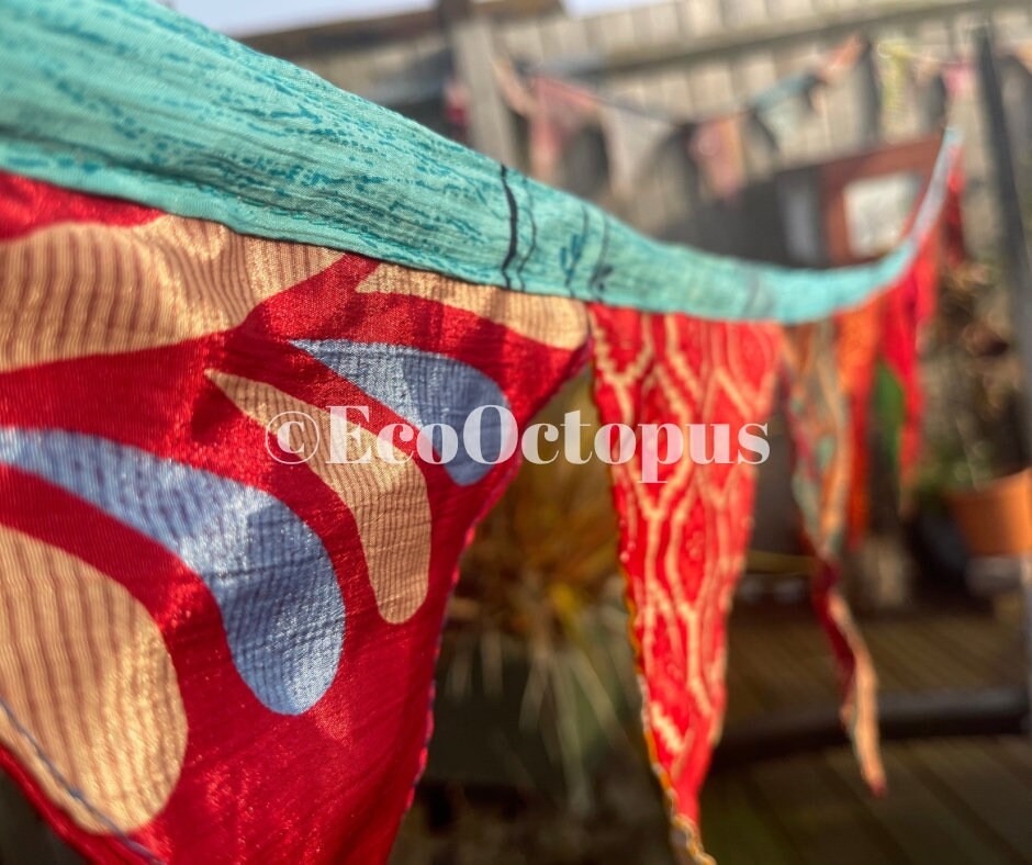 RED bunting. Eco-Friendly sari bunting. Recycled bunting.