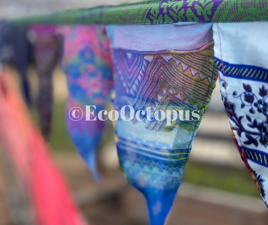 BLUE recycled bunting. Handmade bunting, boys birthday party. Ethical decorations.