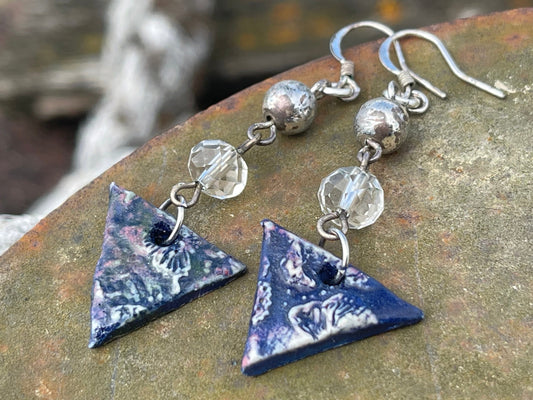 Handmade earrings using Sussex clay. Unique jewellery, ceramic earrings, boho jewellery, blue earrings, unique earrings, blue jewellery