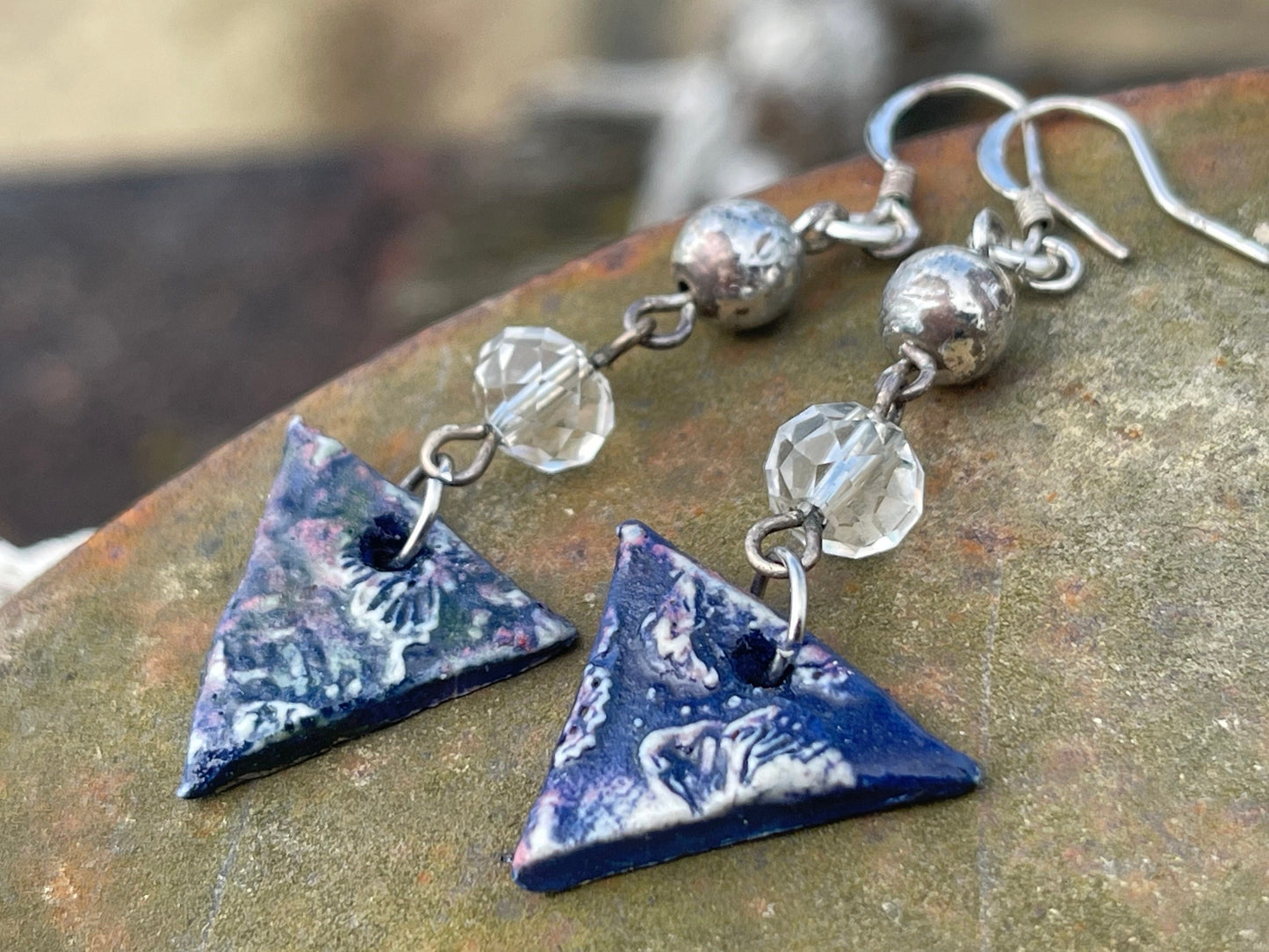 Handmade earrings using Sussex clay. Unique jewellery, ceramic earrings, boho jewellery, blue earrings, unique earrings, blue jewellery