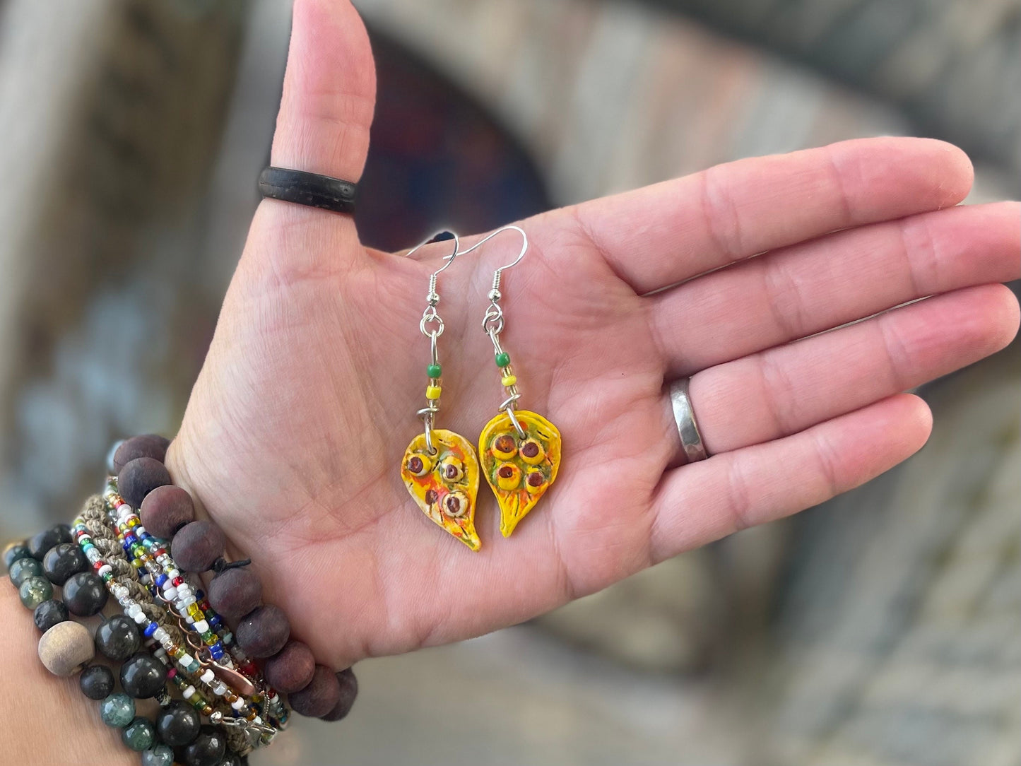 Handmade earrings using Sussex clay. Unique jewellery, ceramic earrings, boho jewellery, yellow earrings, unique earrings, yellow jewellery