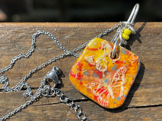 Handmade Butterfly Necklace, Unique Boho Jewellery. Yellow Ceramic Pendant