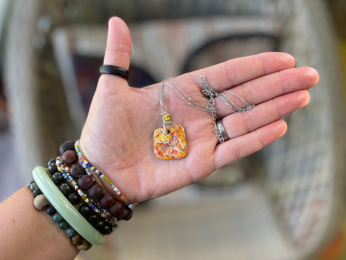 Handmade Butterfly Necklace, Unique Boho Jewellery. Yellow Ceramic Pendant