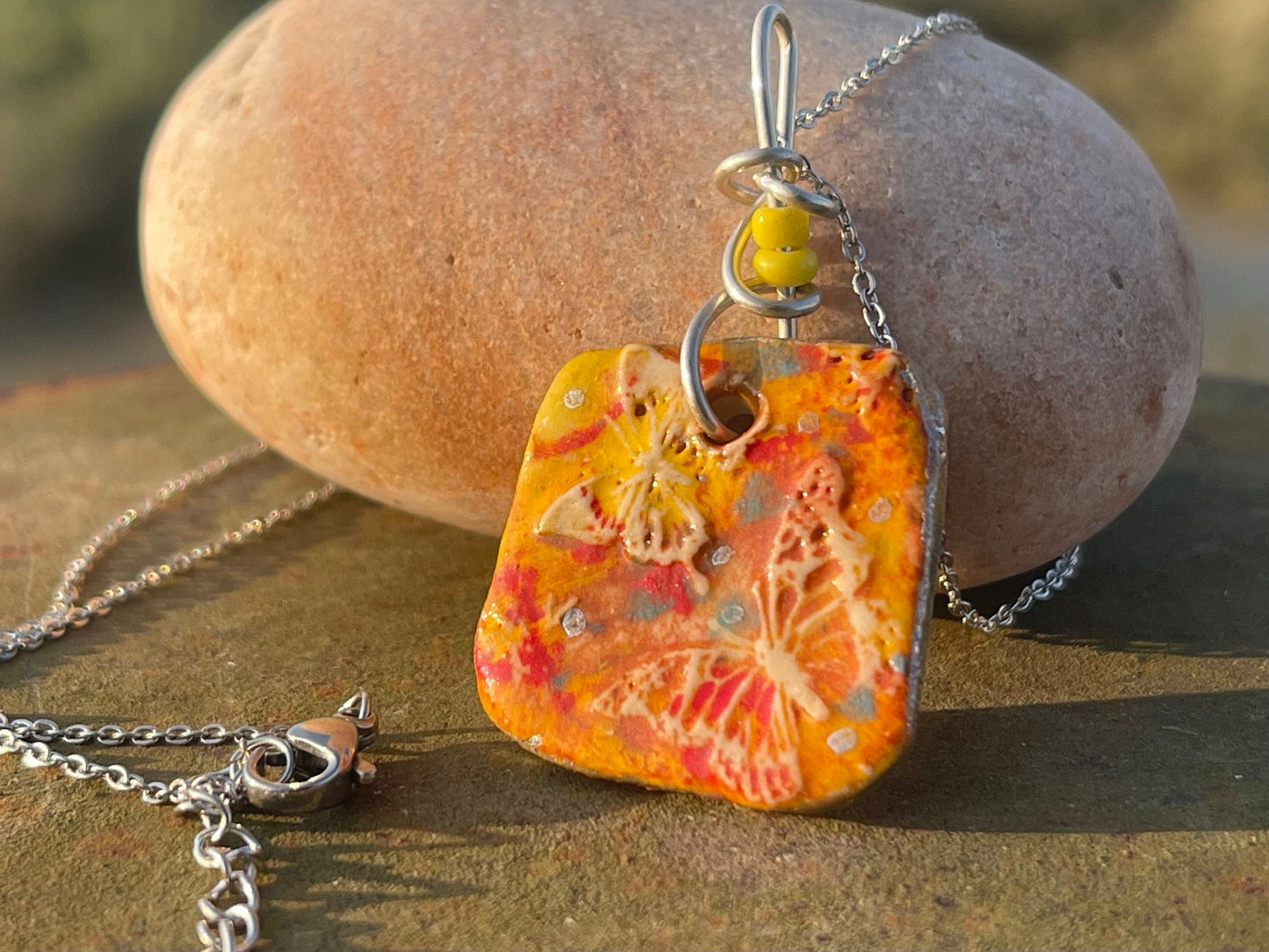 Handmade Butterfly Necklace, Unique Boho Jewellery. Yellow Ceramic Pendant