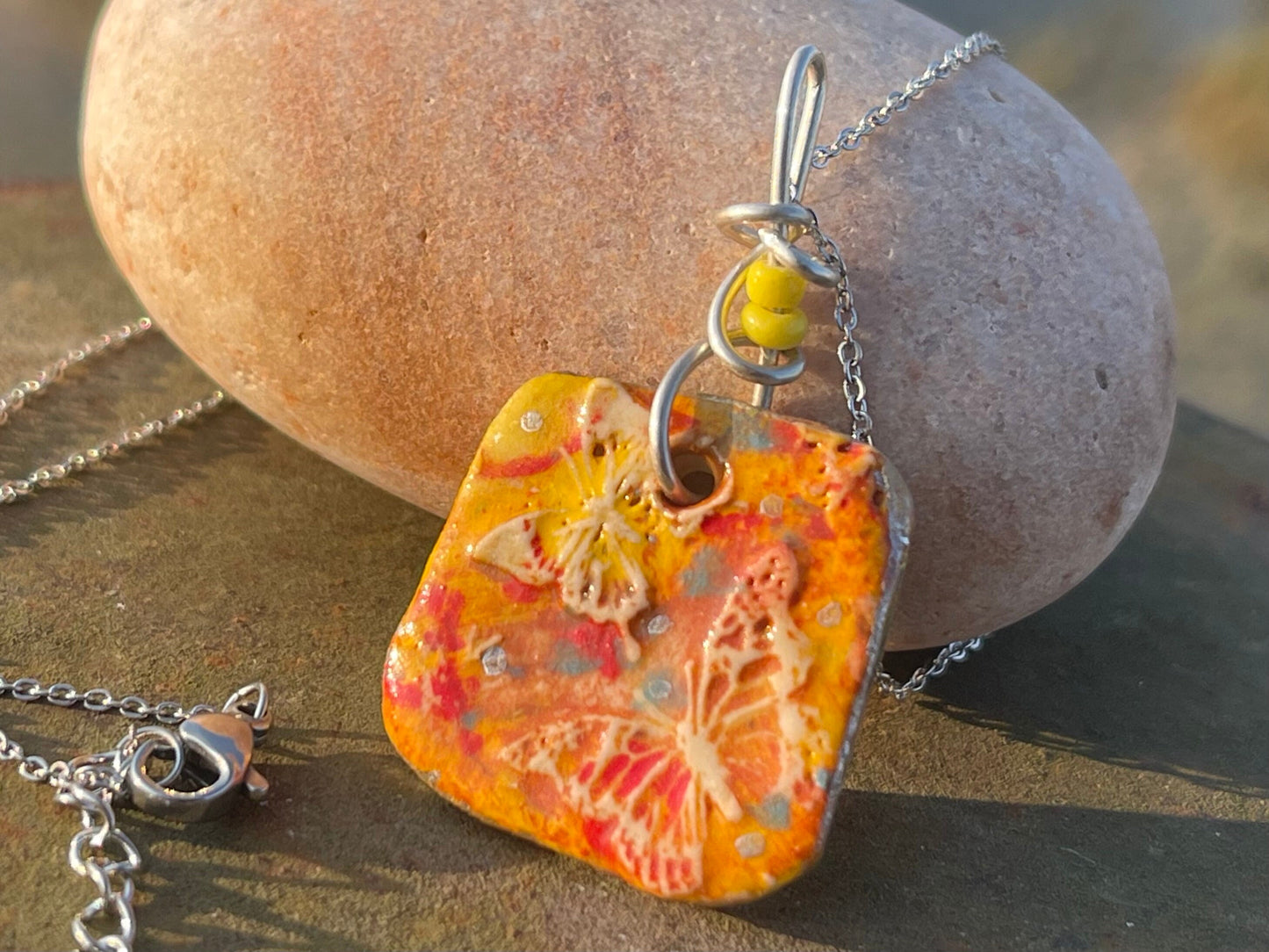 Handmade Butterfly Necklace, Unique Boho Jewellery. Yellow Ceramic Pendant