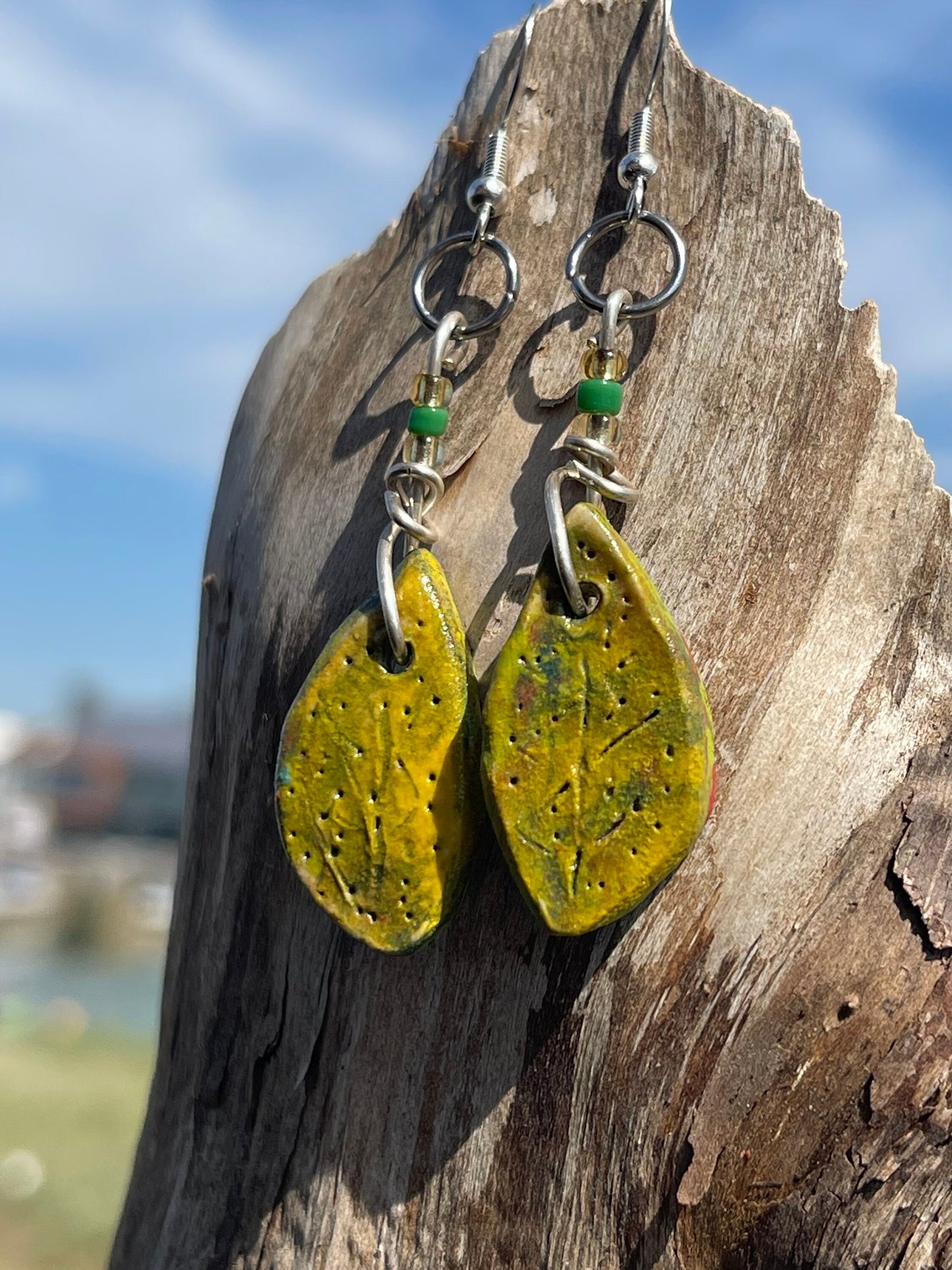 Handmade Leaf Earrings. Ethical Eco Friendly Jewellery, handmade green earrings, boho eco friendly jewellery