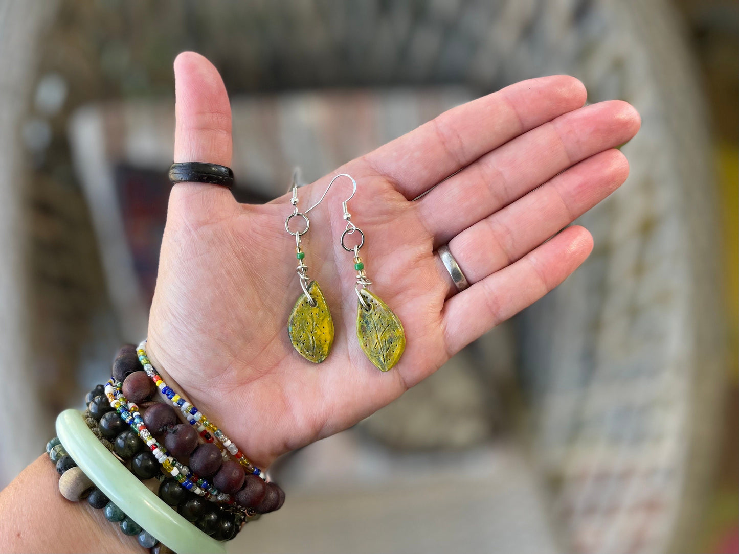 Handmade Leaf Earrings. Ethical Eco Friendly Jewellery, handmade green earrings, boho eco friendly jewellery