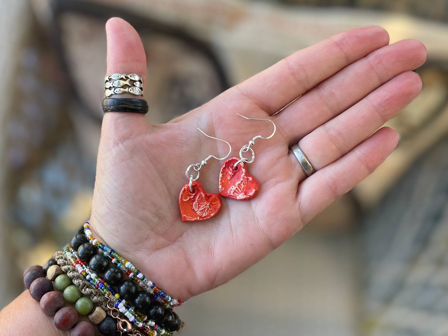 Handmade ceramic heart earrings. Eco friendly earrings, ethical jewellery, valentines present, red heart earrings, boho heart jewellery