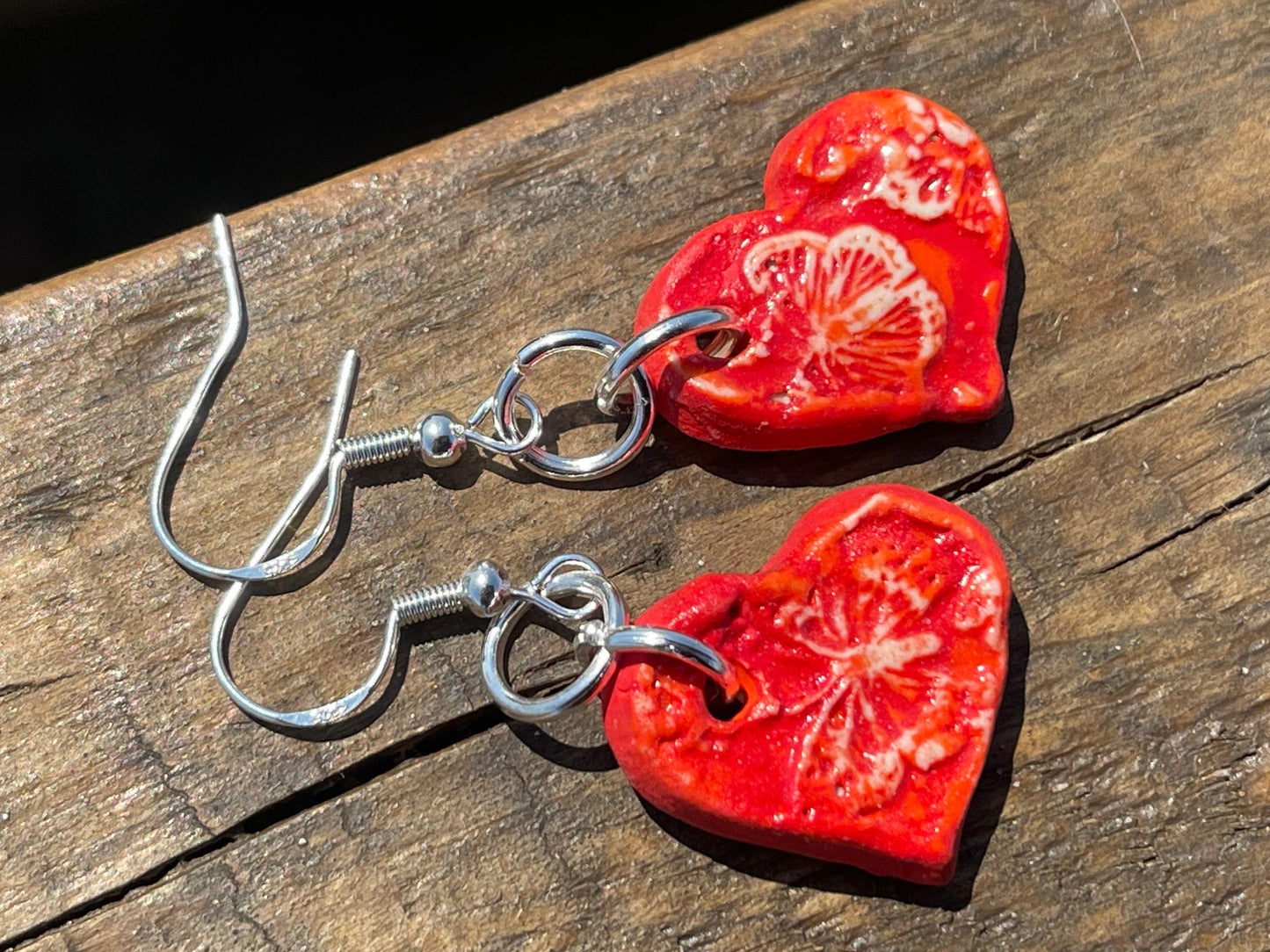 Handmade ceramic heart earrings. Eco friendly earrings, ethical jewellery, valentines present, red heart earrings, boho heart jewellery