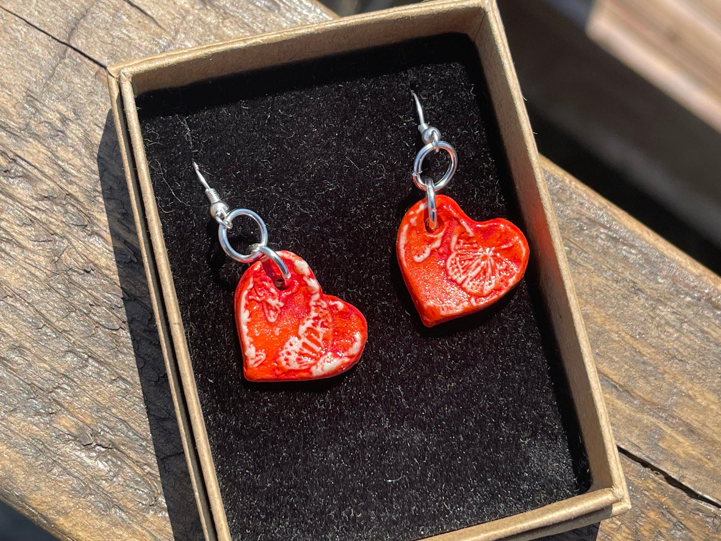 Handmade ceramic heart earrings. Eco friendly earrings, ethical jewellery, valentines present, red heart earrings, boho heart jewellery