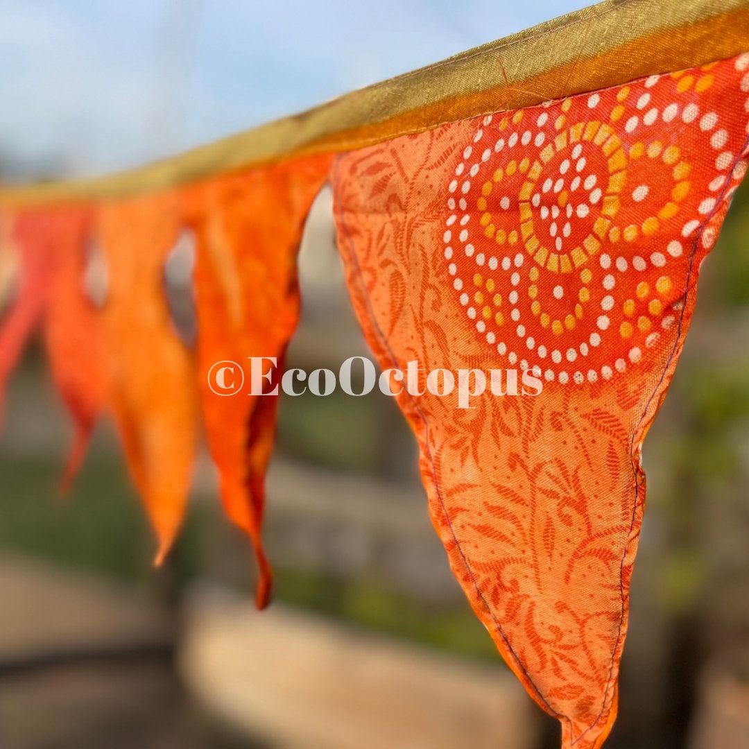 ORANGE bunting, recycled bunting, boho bunting, handmade bunting, eco friendly bunting.