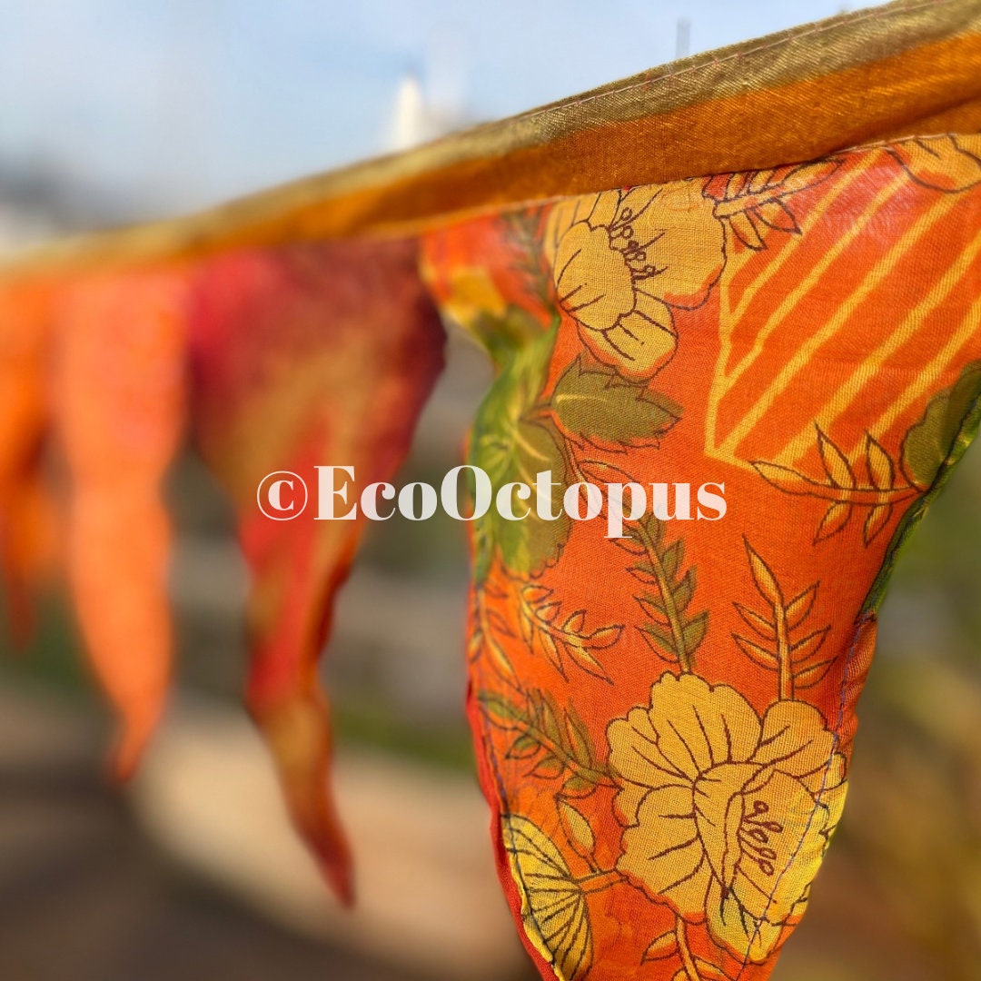 ORANGE bunting, recycled bunting, boho bunting, handmade bunting, eco friendly bunting.