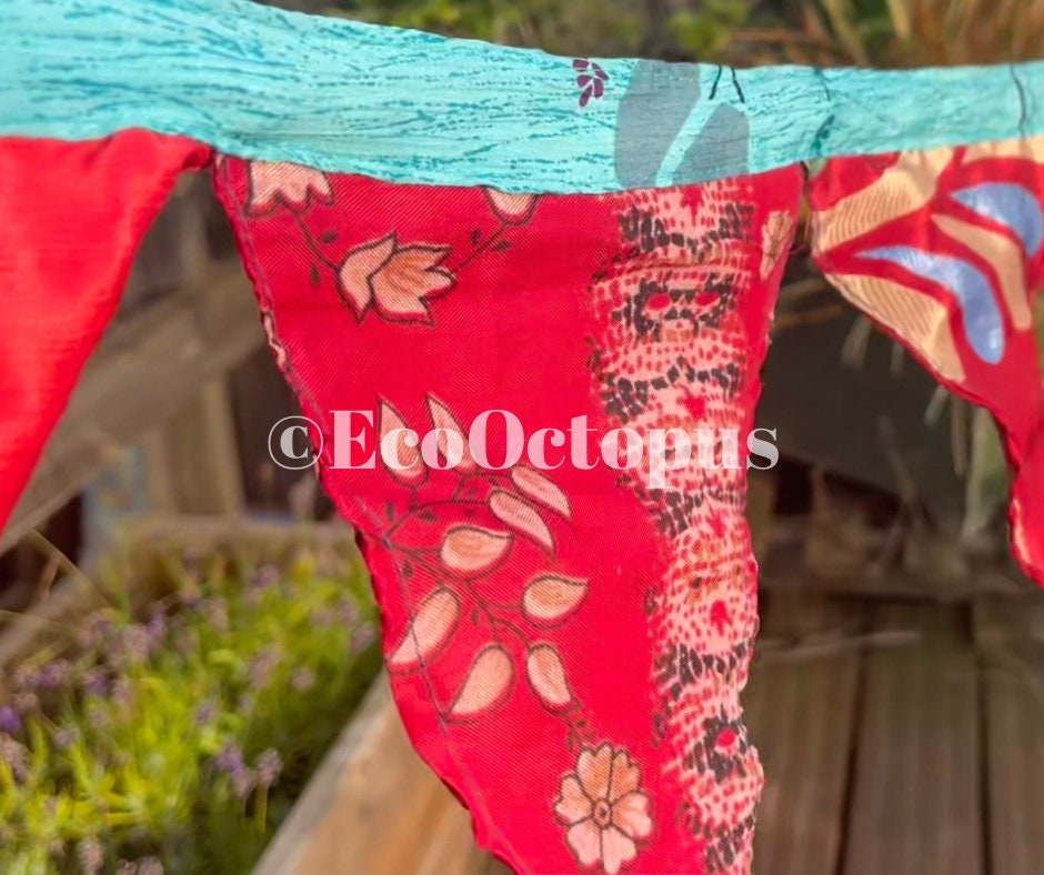 RED bunting. Eco-Friendly sari bunting. Recycled bunting.