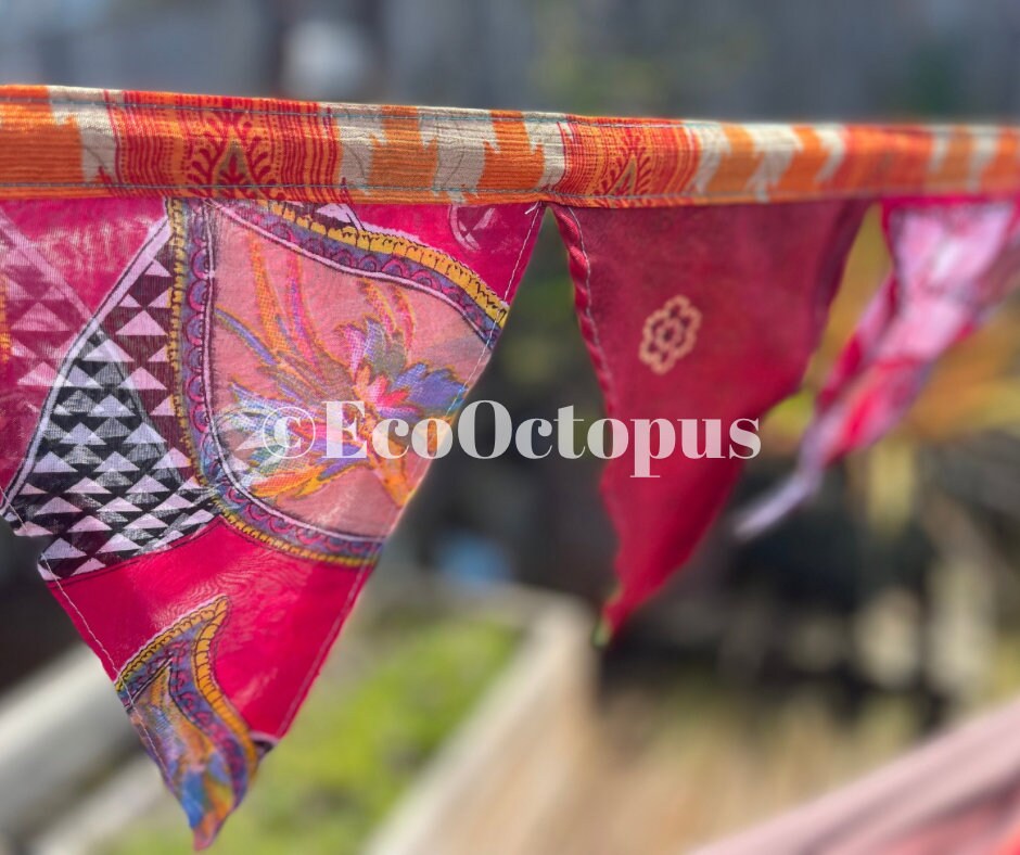 RED bunting. Eco-Friendly sari bunting. Recycled bunting.