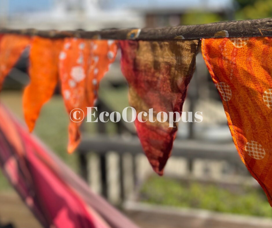 ORANGE bunting, recycled bunting, boho bunting, handmade bunting, eco friendly bunting.