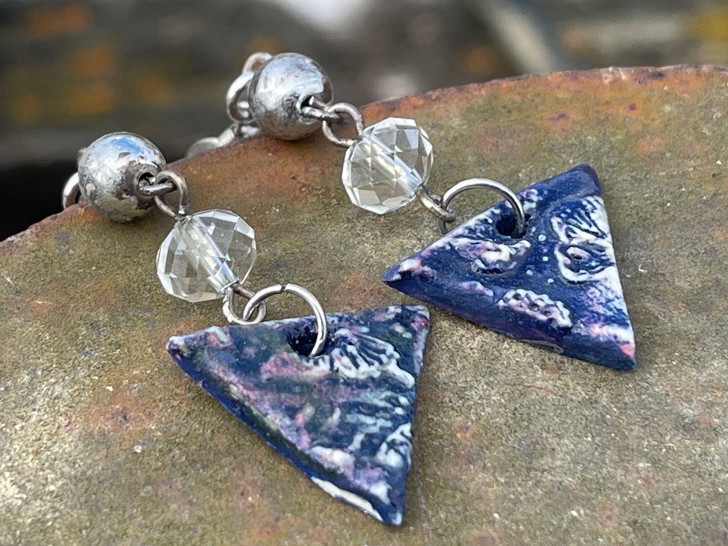 Handmade earrings using Sussex clay. Unique jewellery, ceramic earrings, boho jewellery, blue earrings, unique earrings, blue jewellery