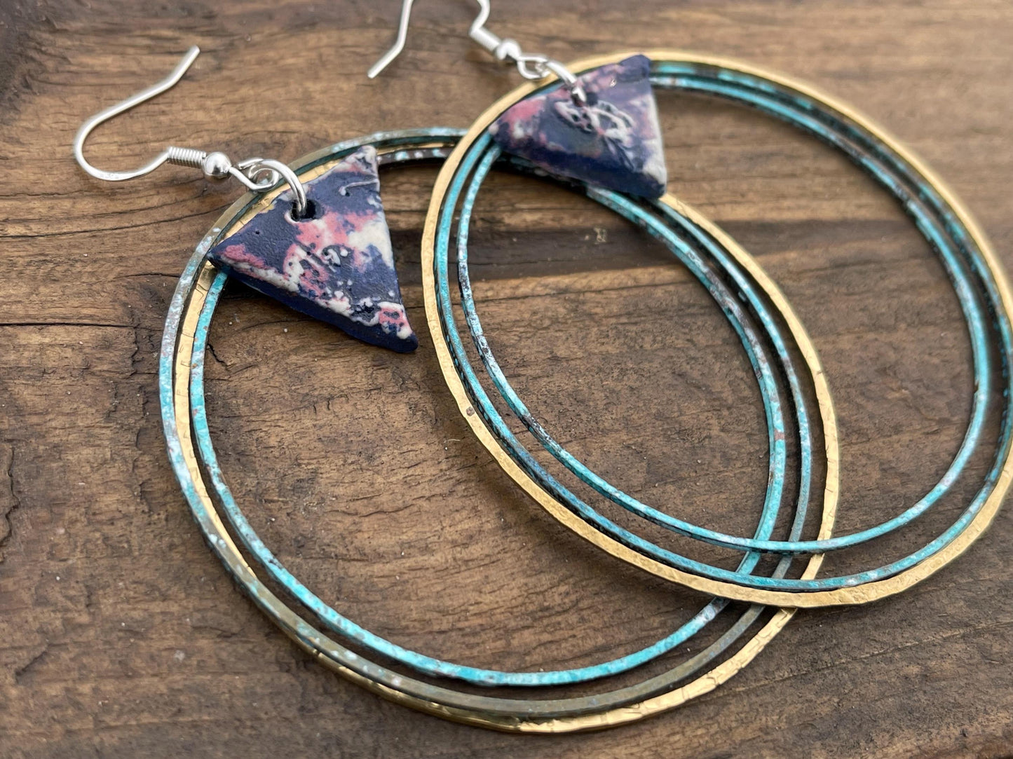 Handmade earrings. Blue hoop earrings, unusual earrings, gift for her, big hoop earrings, unique jewellery, large earrings, hippy earrings