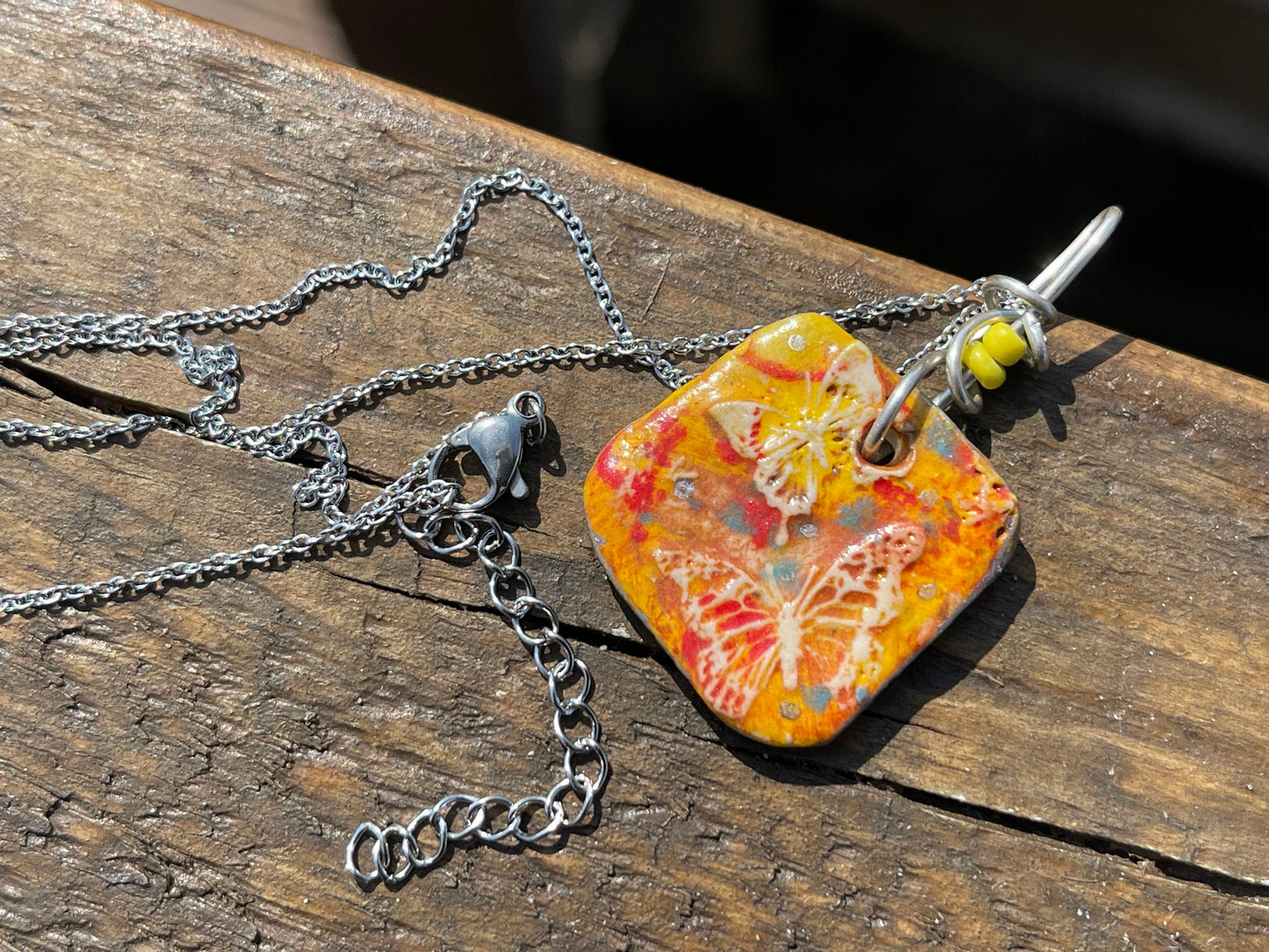 Handmade Butterfly Necklace, Unique Boho Jewellery. Yellow Ceramic Pendant