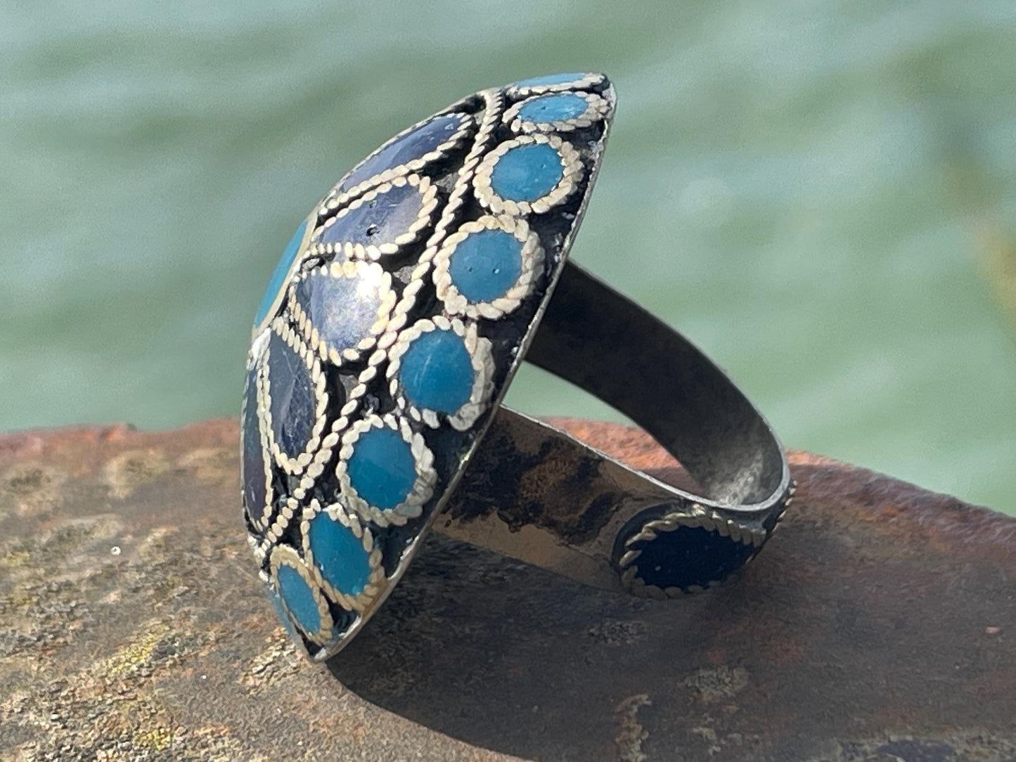 Fabulous vintage ring, large blue ring, boho vintage jewellery, ethical jewellery, gypsy ring. Gypsy jewellery, statement jewellery