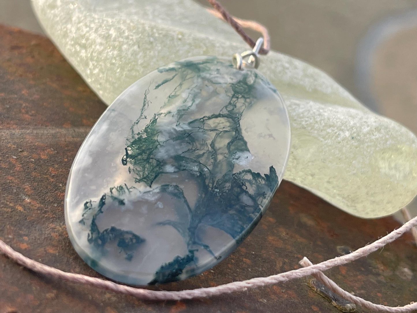 Moss agate necklace, moss agate pendant, large gemstone necklace, green gemstone, gift for gardener. Handmade necklace, boho gift for her